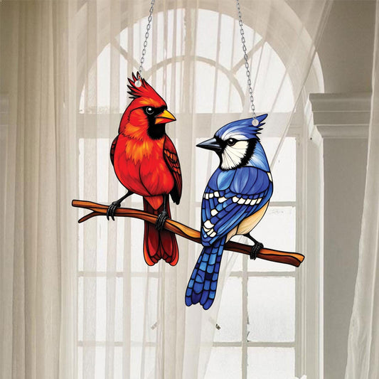 Cardinal and Blue Jay Window Hanging – Memorial Bird Gift, Colorful Nature Decor for Bird Lovers, Spiritual Home Accent for Garden Window