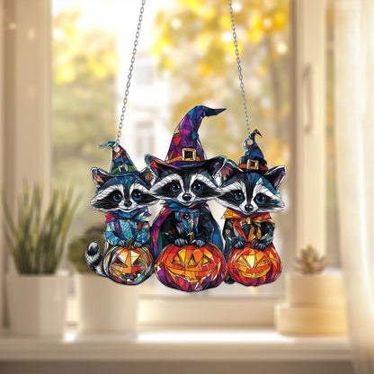 Halloween Raccoon Window Hanging – Cute Witchy Pumpkin Decor for Fall, Spooky Animal Gift for Kids, Halloween Home Accent for Trick or Treat