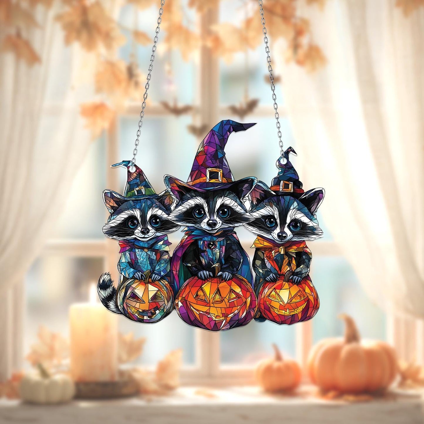 Halloween Raccoon Window Hanging – Cute Witchy Pumpkin Decor for Fall, Spooky Animal Gift for Kids, Halloween Home Accent for Trick or Treat