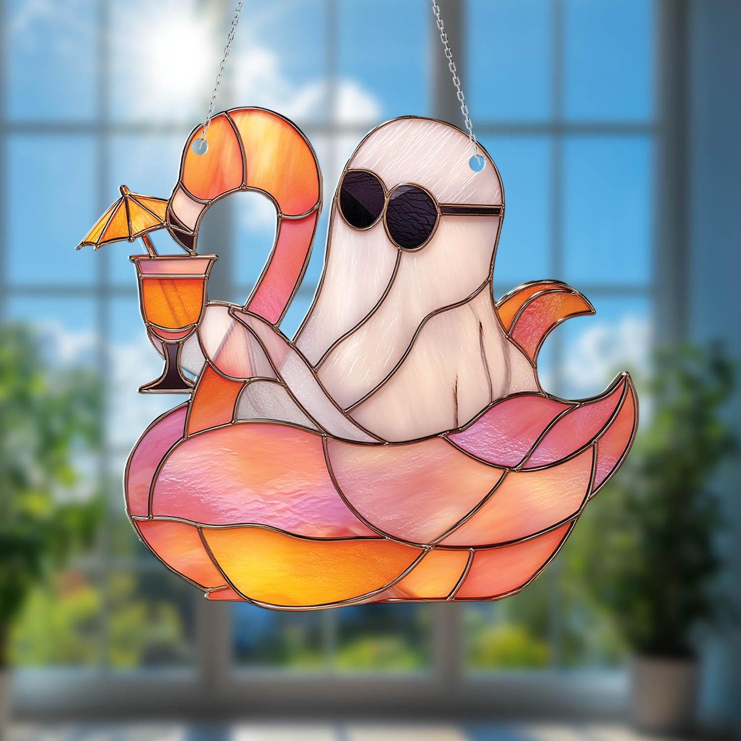 Summer Ghost Window Hanging – Funny Halloween Flamingo Decor with Cocktail, Spooky Cute Beach Vibe Gift for Her, Poolside or Patio Accent