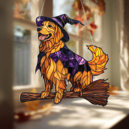 Halloween Witch Dog Window Hanging – Flying Golden Retriever Decor for Dog Lovers, Cute Spooky Fall Gift, Whimsical Pet Accent for Home