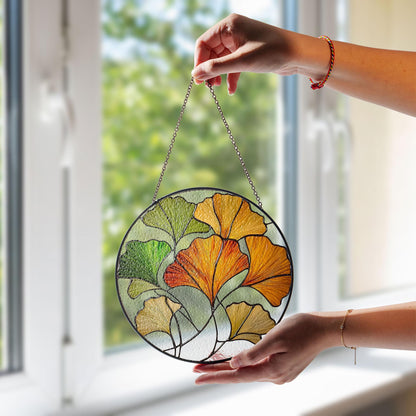 Ginkgo Leaf Stained Glass Suncatcher, Hanging Window Panel with Colorful Autumn Leaves, Unique Home and Garden Decoration Gift