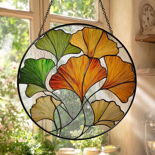 Ginkgo Leaf Stained Glass Suncatcher, Hanging Window Panel with Colorful Autumn Leaves, Unique Home and Garden Decoration Gift