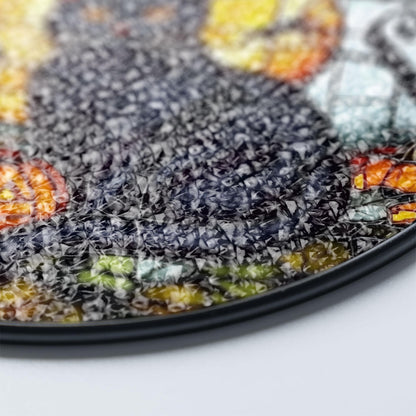 Black Cat Stained Glass Suncatcher, Halloween Window Panel with Pumpkins, Full Moon and Bats, Spooky Home and Garden Decoration Gift