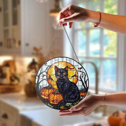 Black Cat Stained Glass Suncatcher, Halloween Window Panel with Pumpkins, Full Moon and Bats, Spooky Home and Garden Decoration Gift