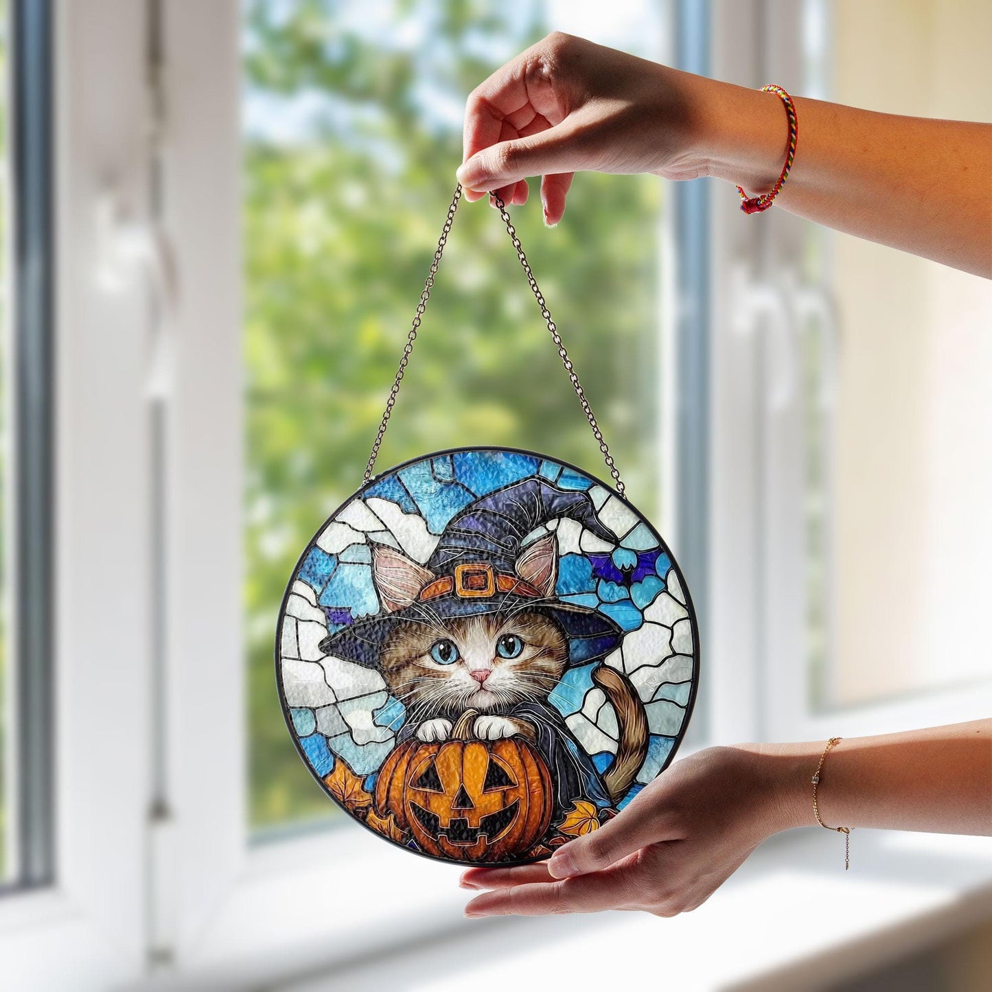Halloween Cat Stained Glass Suncatcher, Cute Witch Kitten with Pumpkin and Full Moon, Hanging Window Panel for Spooky Home Decor Gift