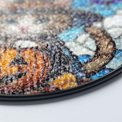 Halloween Cat Stained Glass Suncatcher, Cute Witch Kitten with Pumpkin and Full Moon, Hanging Window Panel for Spooky Home Decor Gift