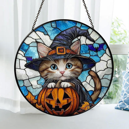 Halloween Cat Stained Glass Suncatcher, Cute Witch Kitten with Pumpkin and Full Moon, Hanging Window Panel for Spooky Home Decor Gift