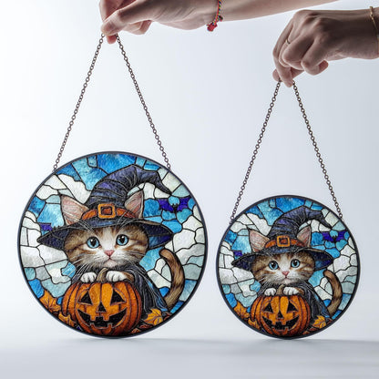Halloween Cat Stained Glass Suncatcher, Cute Witch Kitten with Pumpkin and Full Moon, Hanging Window Panel for Spooky Home Decor Gift