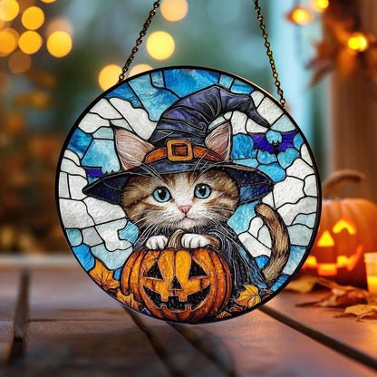 Halloween Cat Stained Glass Suncatcher, Cute Witch Kitten with Pumpkin and Full Moon, Hanging Window Panel for Spooky Home Decor Gift