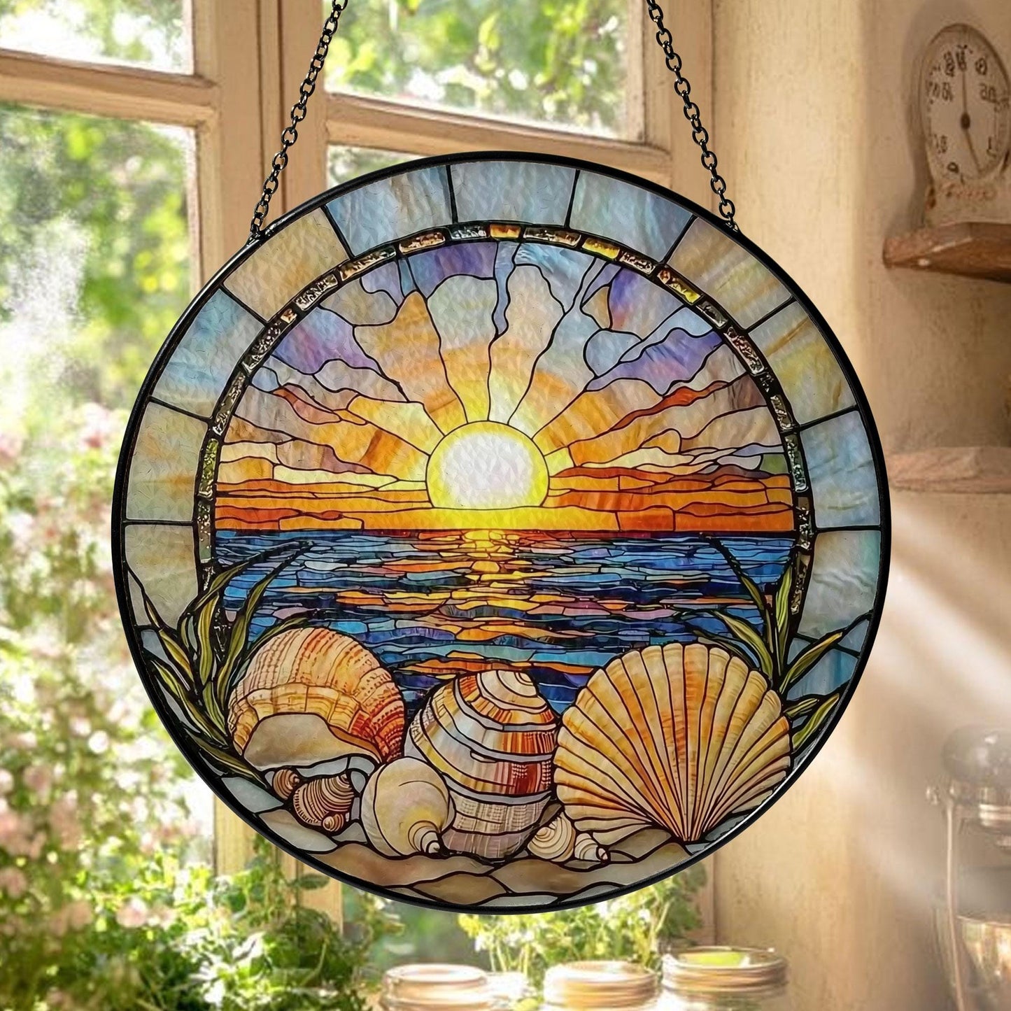Sunset Stained Glass Suncatcher, Ocean Beach Window Hanging with Seashells and Waves, Coastal Nautical Home Decor, Beach House Gift