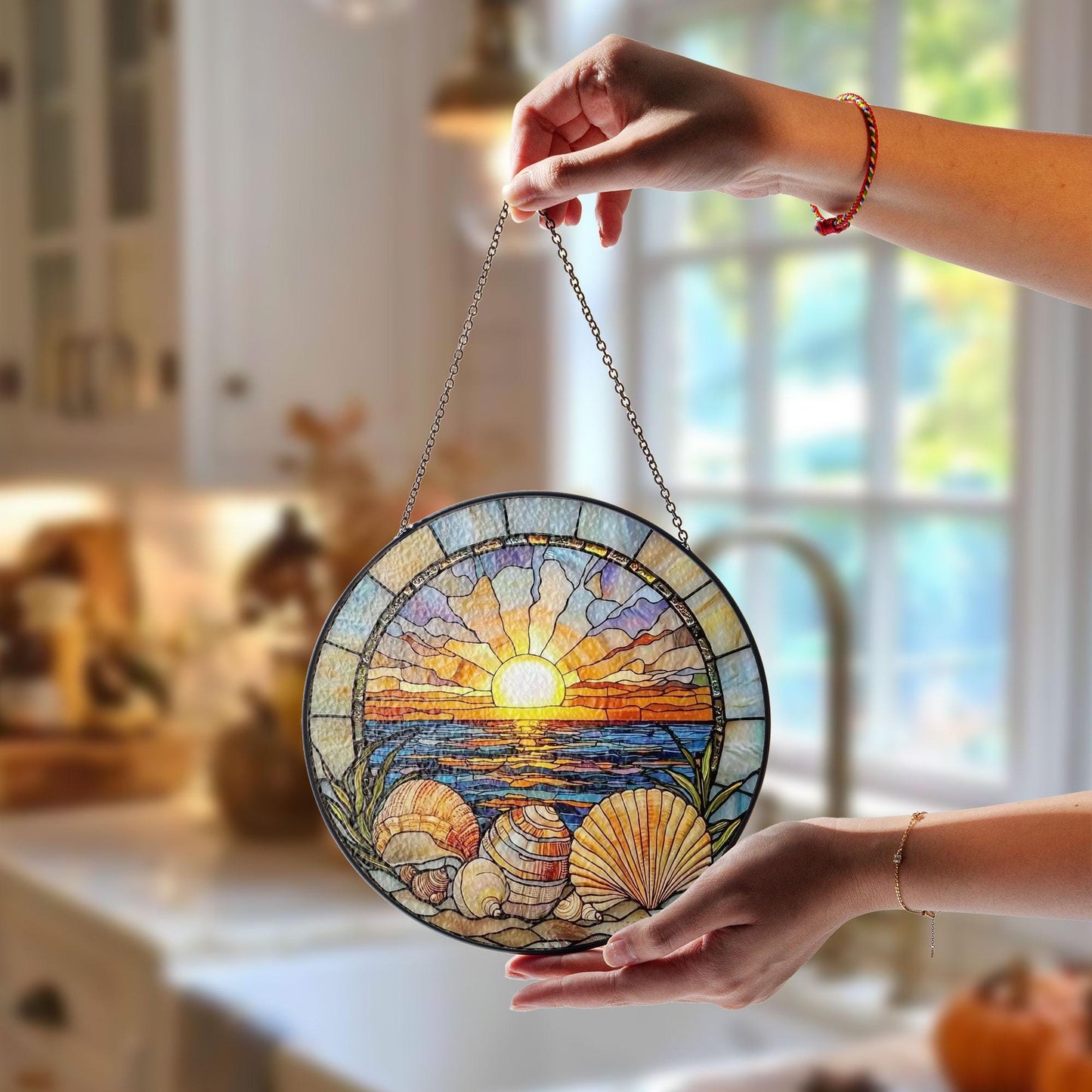 Sunset Stained Glass Suncatcher, Ocean Beach Window Hanging with Seashells and Waves, Coastal Nautical Home Decor, Beach House Gift