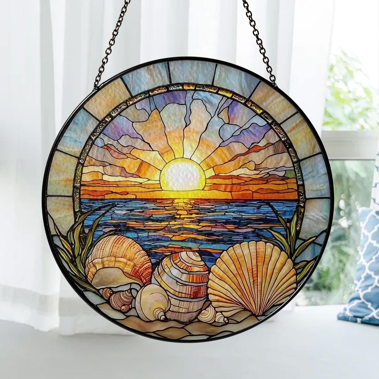 Sunset Stained Glass Suncatcher, Ocean Beach Window Hanging with Seashells and Waves, Coastal Nautical Home Decor, Beach House Gift