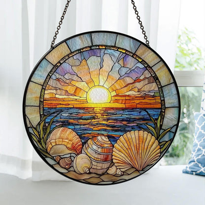 Sunset Stained Glass Suncatcher, Ocean Beach Window Hanging with Seashells and Waves, Coastal Nautical Home Decor, Beach House Gift