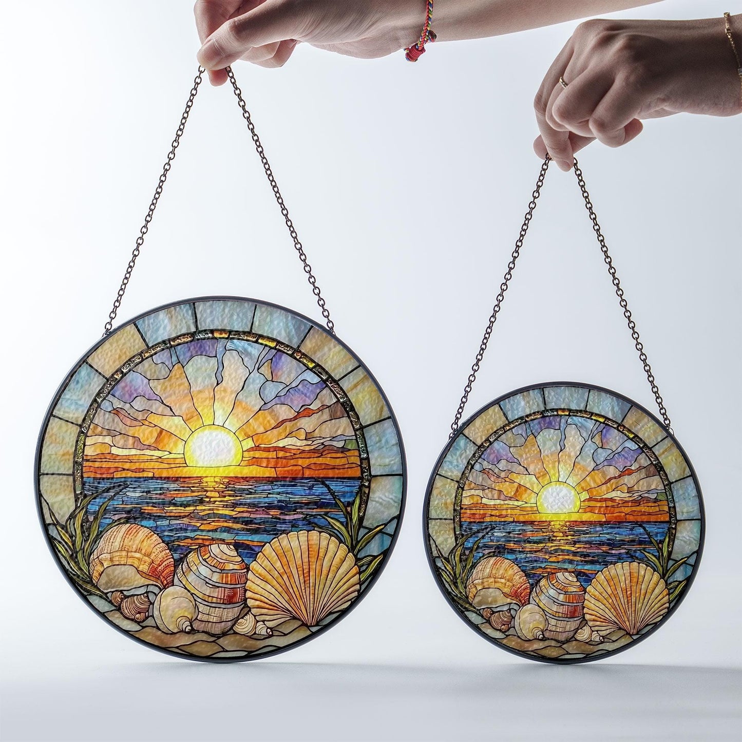 Sunset Stained Glass Suncatcher, Ocean Beach Window Hanging with Seashells and Waves, Coastal Nautical Home Decor, Beach House Gift