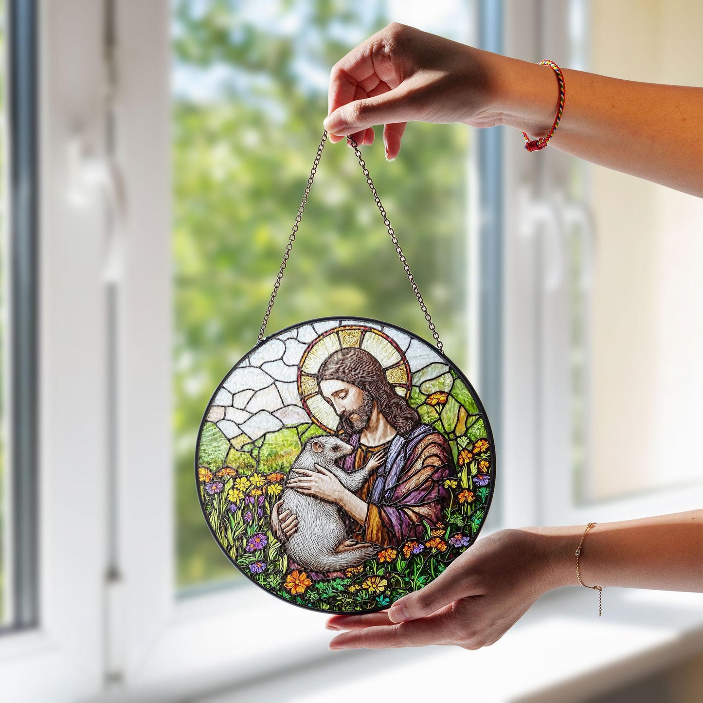 Jesus Stained Glass Suncatcher, Sacred Window Panel with Flowers and Possum Design, Christian Religious Home Decor and Spiritual Gift