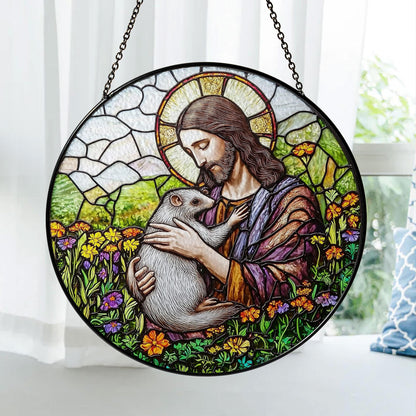 Jesus Stained Glass Suncatcher, Sacred Window Panel with Flowers and Possum Design, Christian Religious Home Decor and Spiritual Gift