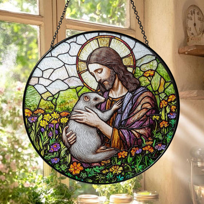 Jesus Stained Glass Suncatcher, Sacred Window Panel with Flowers and Possum Design, Christian Religious Home Decor and Spiritual Gift