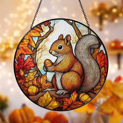 Squirrel Stained Glass Suncatcher, Autumn Window Hanging with Acorns and Fall Leaves, Woodland Animal Decor for Home and Nature Lovers Gift
