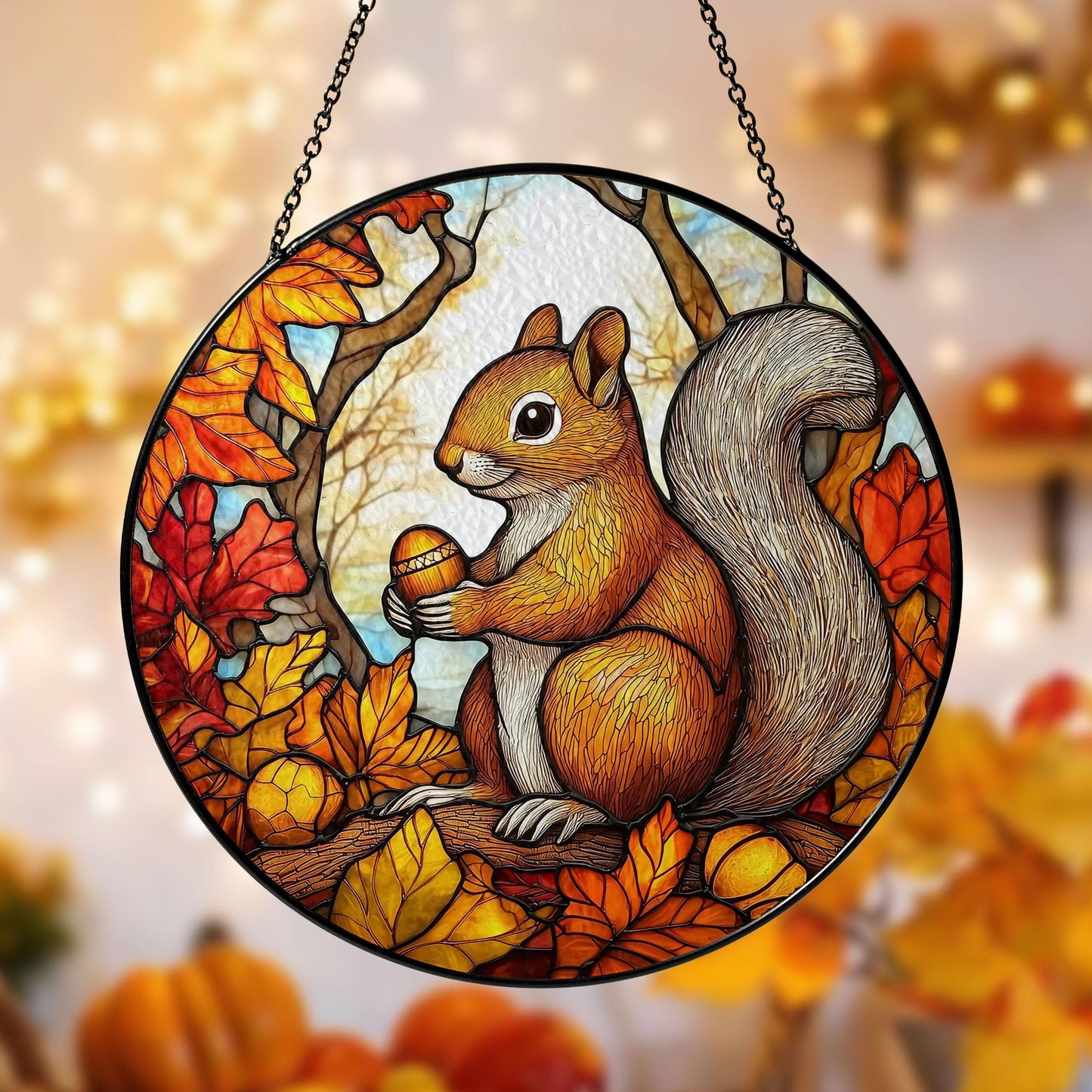 Squirrel Stained Glass Suncatcher, Autumn Window Hanging with Acorns and Fall Leaves, Woodland Animal Decor for Home and Nature Lovers Gift