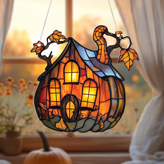 Pumpkin House Window Hanging, Halloween Acrylic Window Decor with Autumn Leaves, Cozy Fall Cottage Ornament for Spooky Seasonal Home