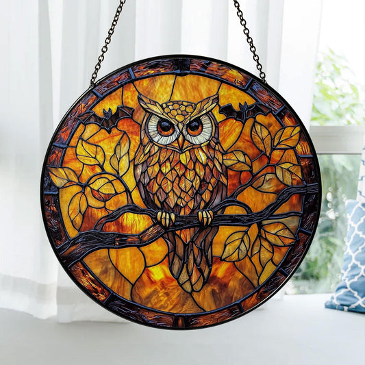 Owl Stained Glass Suncatcher, Autumn Window Hanging with Tree Branch and Full Moon, Rustic Woodland Bird Decor for Home and Nature Lovers