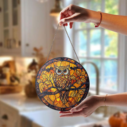 Owl Stained Glass Suncatcher, Autumn Window Hanging with Tree Branch and Full Moon, Rustic Woodland Bird Decor for Home and Nature Lovers