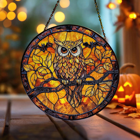 Owl Stained Glass Suncatcher, Autumn Window Hanging with Tree Branch and Full Moon, Rustic Woodland Bird Decor for Home and Nature Lovers