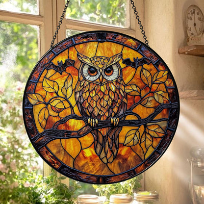 Owl Stained Glass Suncatcher, Autumn Window Hanging with Tree Branch and Full Moon, Rustic Woodland Bird Decor for Home and Nature Lovers