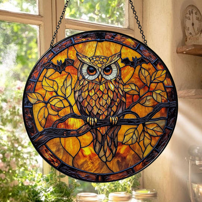 Owl Stained Glass Suncatcher, Autumn Window Hanging with Tree Branch and Full Moon, Rustic Woodland Bird Decor for Home and Nature Lovers