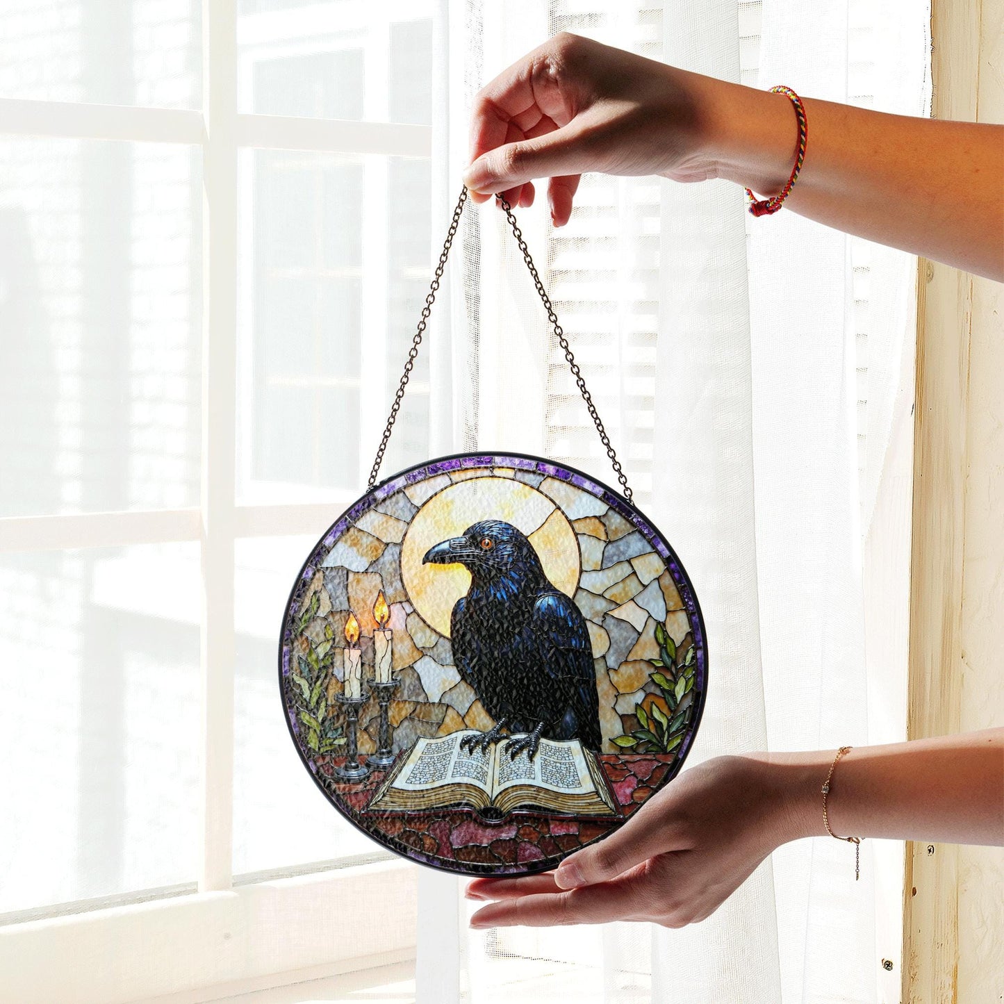 suncatcher stained glass raven with book and candles Halloween gift