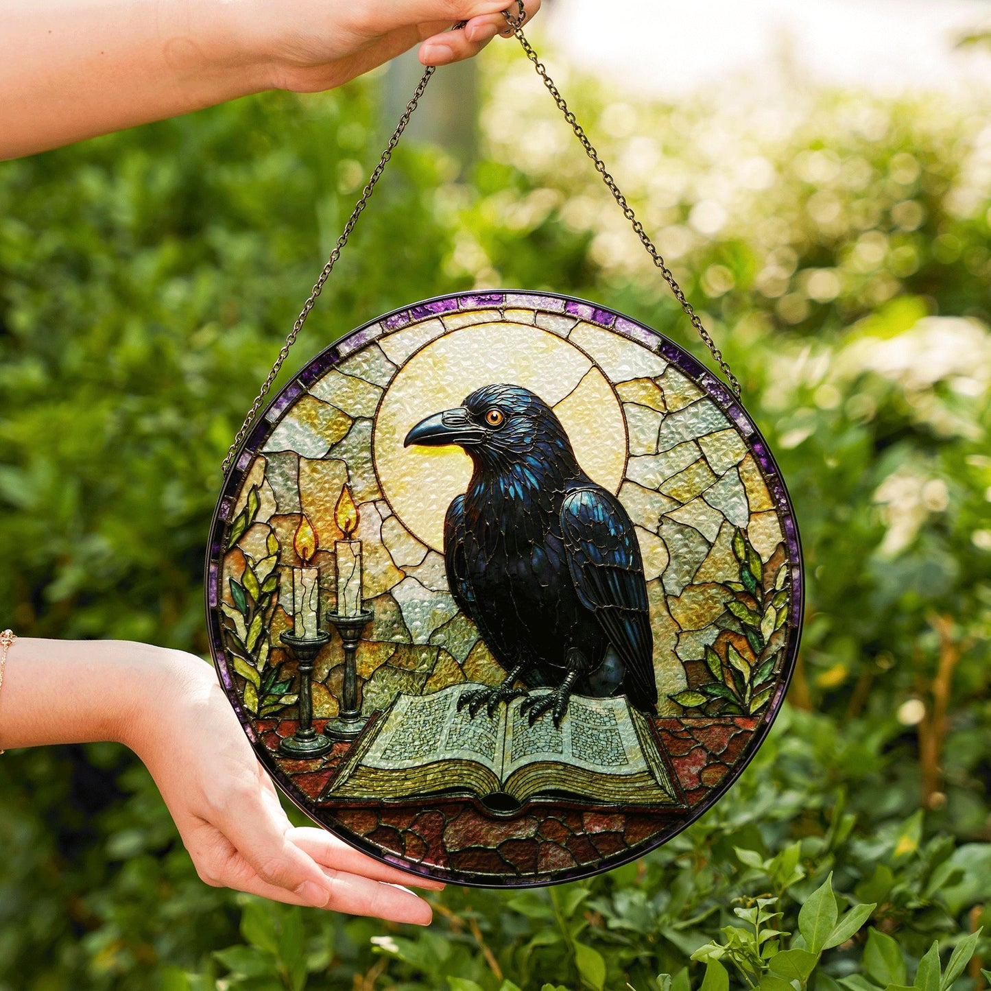 suncatcher stained glass raven with book and candles Halloween gift