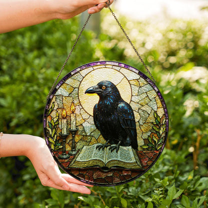 suncatcher stained glass raven with book and candles Halloween gift