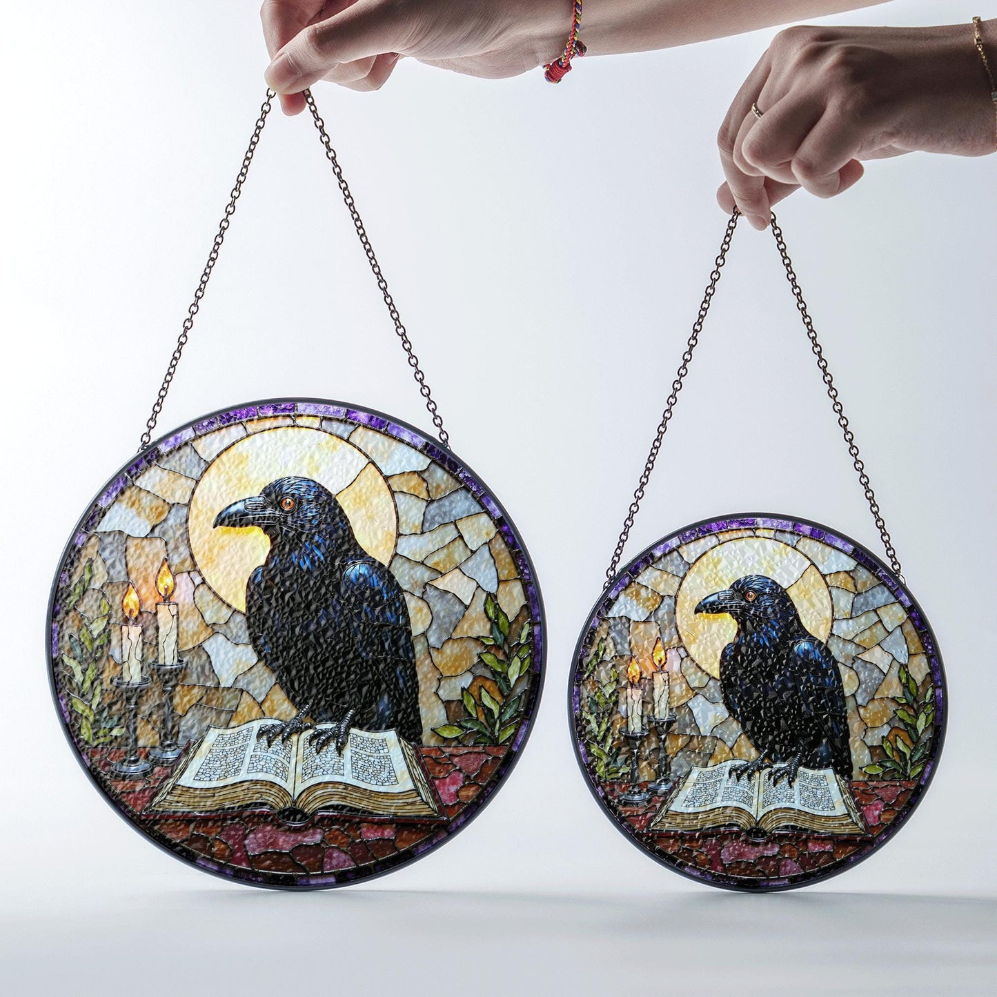 suncatcher stained glass raven with book and candles Halloween gift