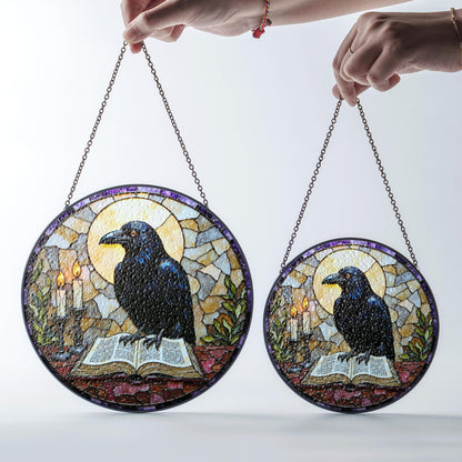 suncatcher stained glass raven with book and candles Halloween gift