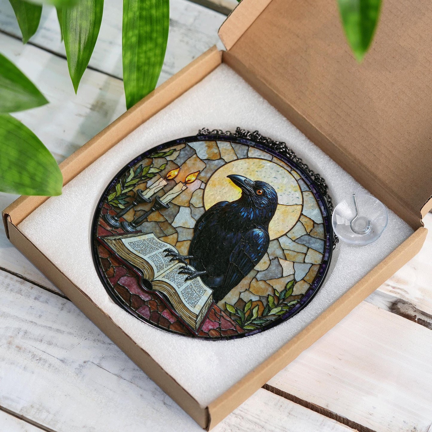 suncatcher stained glass raven with book and candles Halloween gift