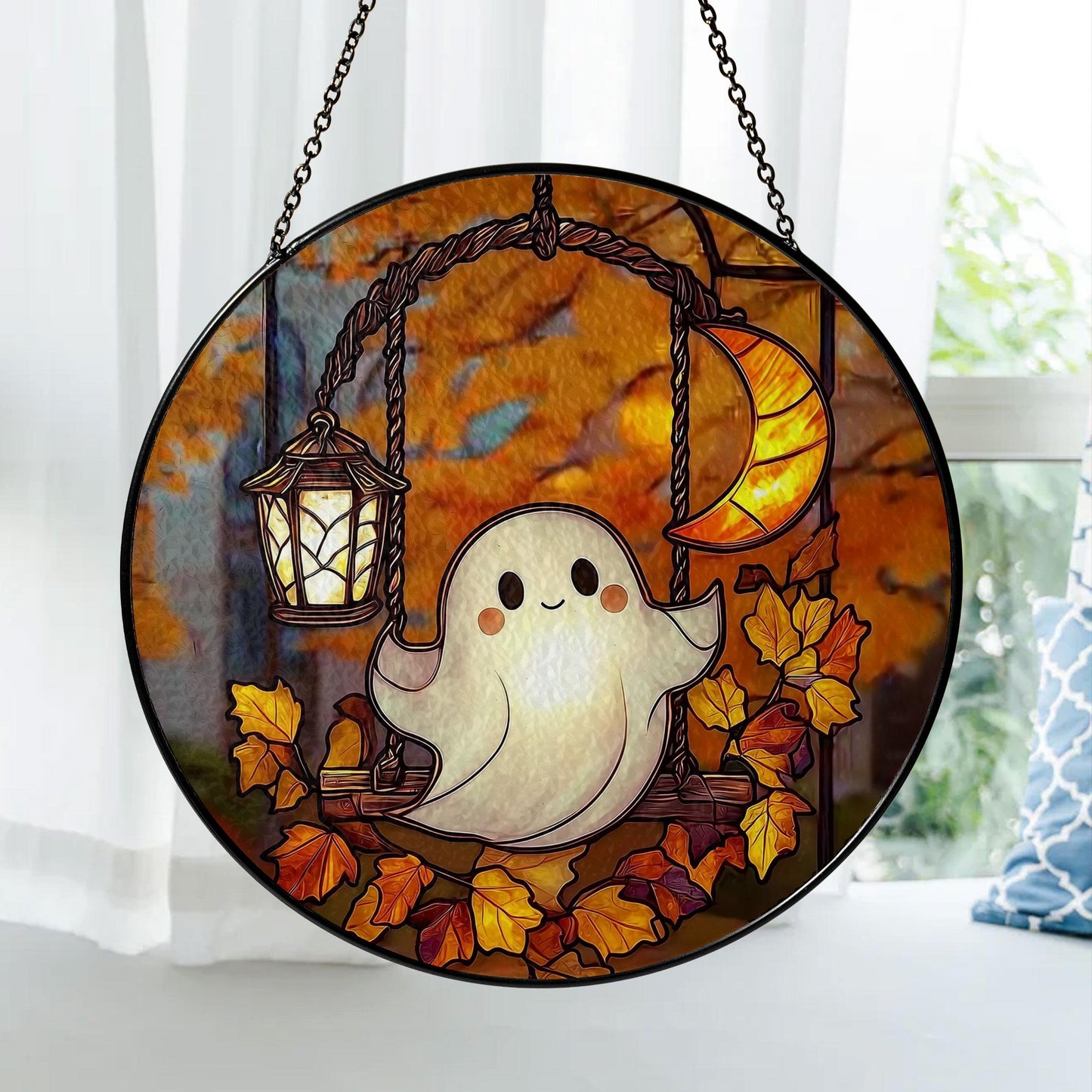 Ghost Stained Glass Suncatcher, Cute Halloween Window Hanging with Moon, Lantern and Autumn Leaves, Spooky Fall Home Decor Gift Idea