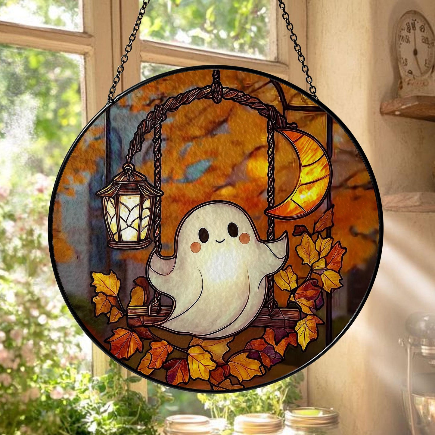 Ghost Stained Glass Suncatcher, Cute Halloween Window Hanging with Moon, Lantern and Autumn Leaves, Spooky Fall Home Decor Gift Idea
