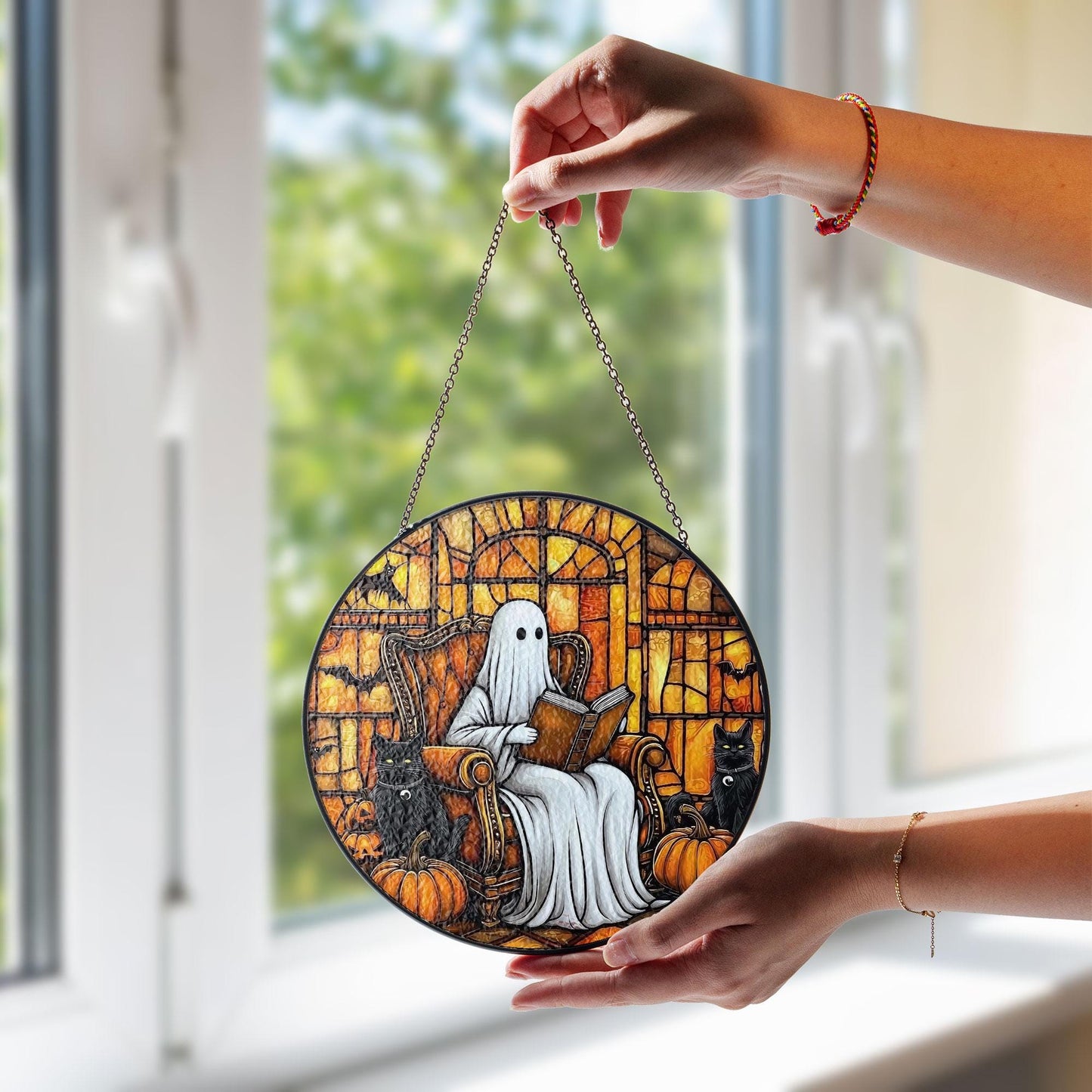 Ghost Stained Glass Suncatcher, Halloween Window Hanging with Black Cats, Pumpkins and Bats, Spooky Gothic Fall Home Decor Gift