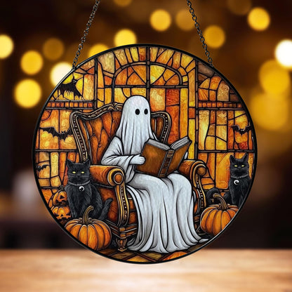 Ghost Stained Glass Suncatcher, Halloween Window Hanging with Black Cats, Pumpkins and Bats, Spooky Gothic Fall Home Decor Gift