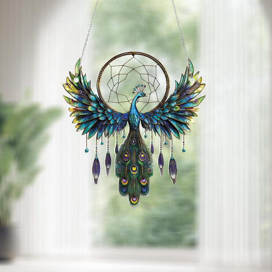 Peacock Dreamcatcher Window Hanging – Elegant Blue and Green Feathered Bird Decor for Spiritual Homes, Boho Rooms, or Meaningful Gifts