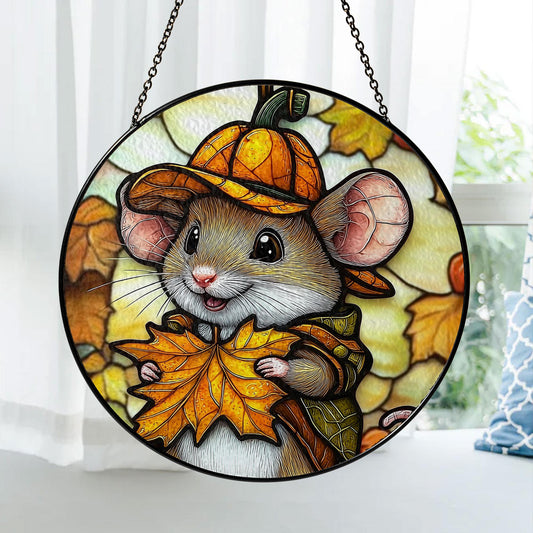 Mouse Stained Glass Suncatcher, Cute Autumn Window Hanging with Pumpkin Hat and Fall Leaves, Woodland Animal Decor for Home and Gift
