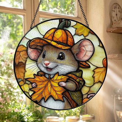 Mouse Stained Glass Suncatcher, Cute Autumn Window Hanging with Pumpkin Hat and Fall Leaves, Woodland Animal Decor for Home and Gift