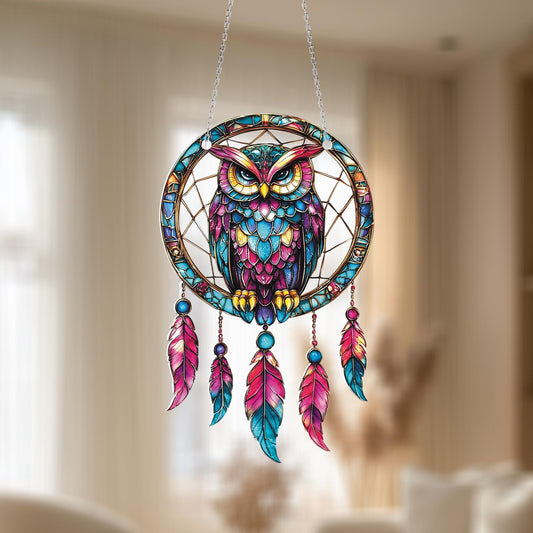 Colorful Owl Dreamcatcher Window Hanging – Vibrant Boho Owl Decor with Feathers for Nature Lovers, Spiritual Homes, or Unique Gift Ideas