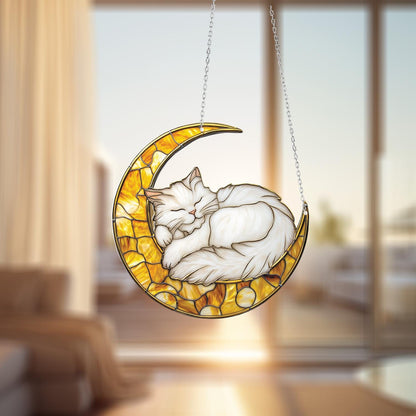 Sleeping White Cat on Crescent Moon Window Hanging – Cozy Cat Lover Decor for Peaceful Homes, Pet Memorials, or Relaxing Boho-Inspired Space