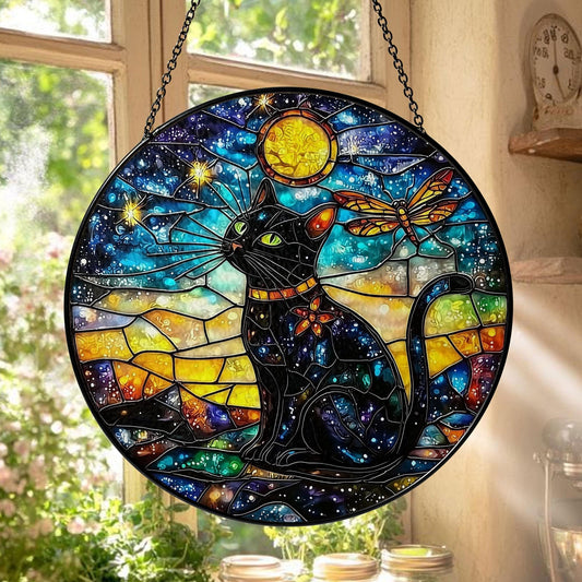 Black Cat Stained Glass Suncatcher, Cosmic Window Hanging with Stars, Moon and Dragonfly, Mystical Galaxy Decor for Home and Cat Lovers Gift