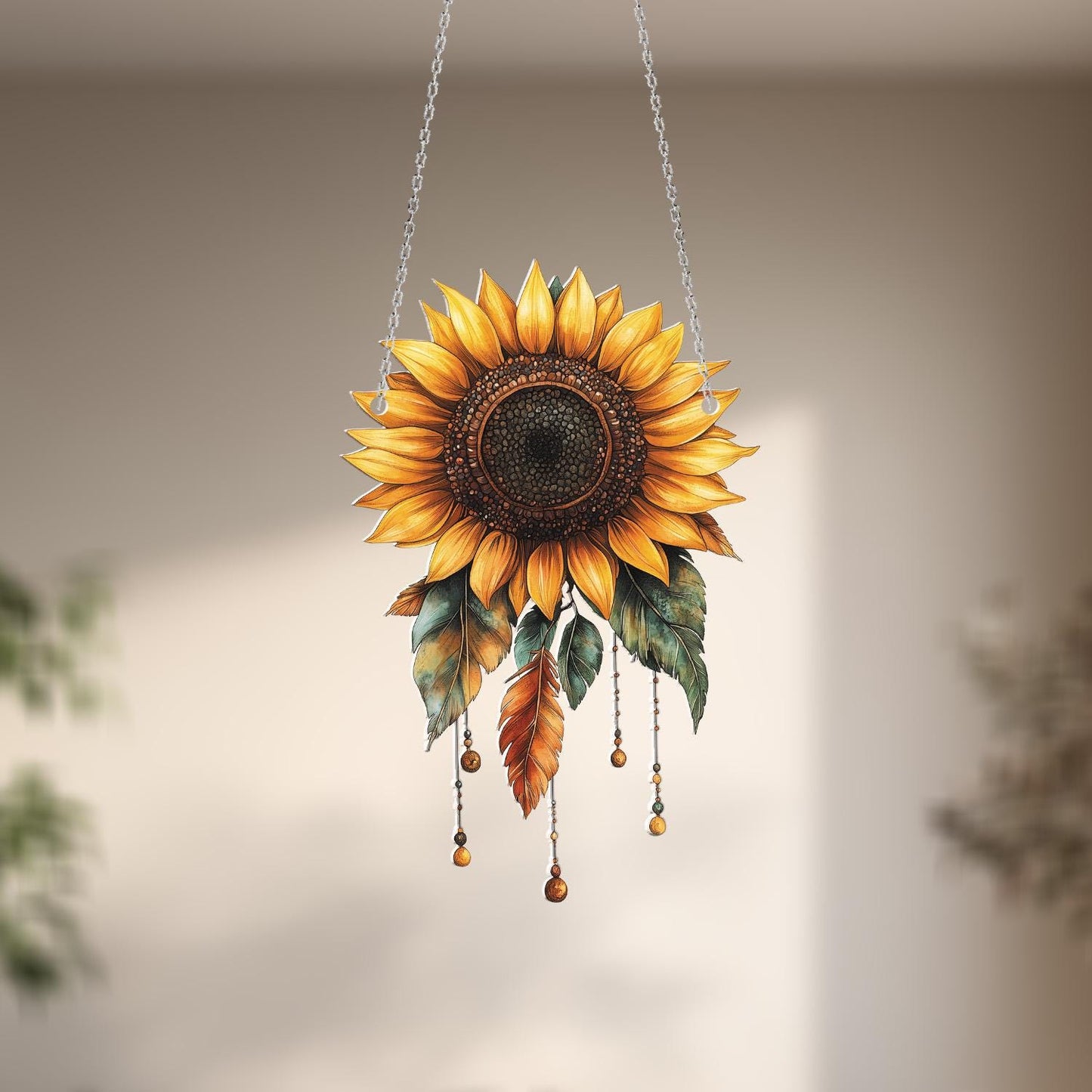 CoSunflower Window Hanging – Cheerful Floral Home Decor with Beads and Leaves, Perfect for Nature Lovers, Kitchen Windows, or Rustic Gifts