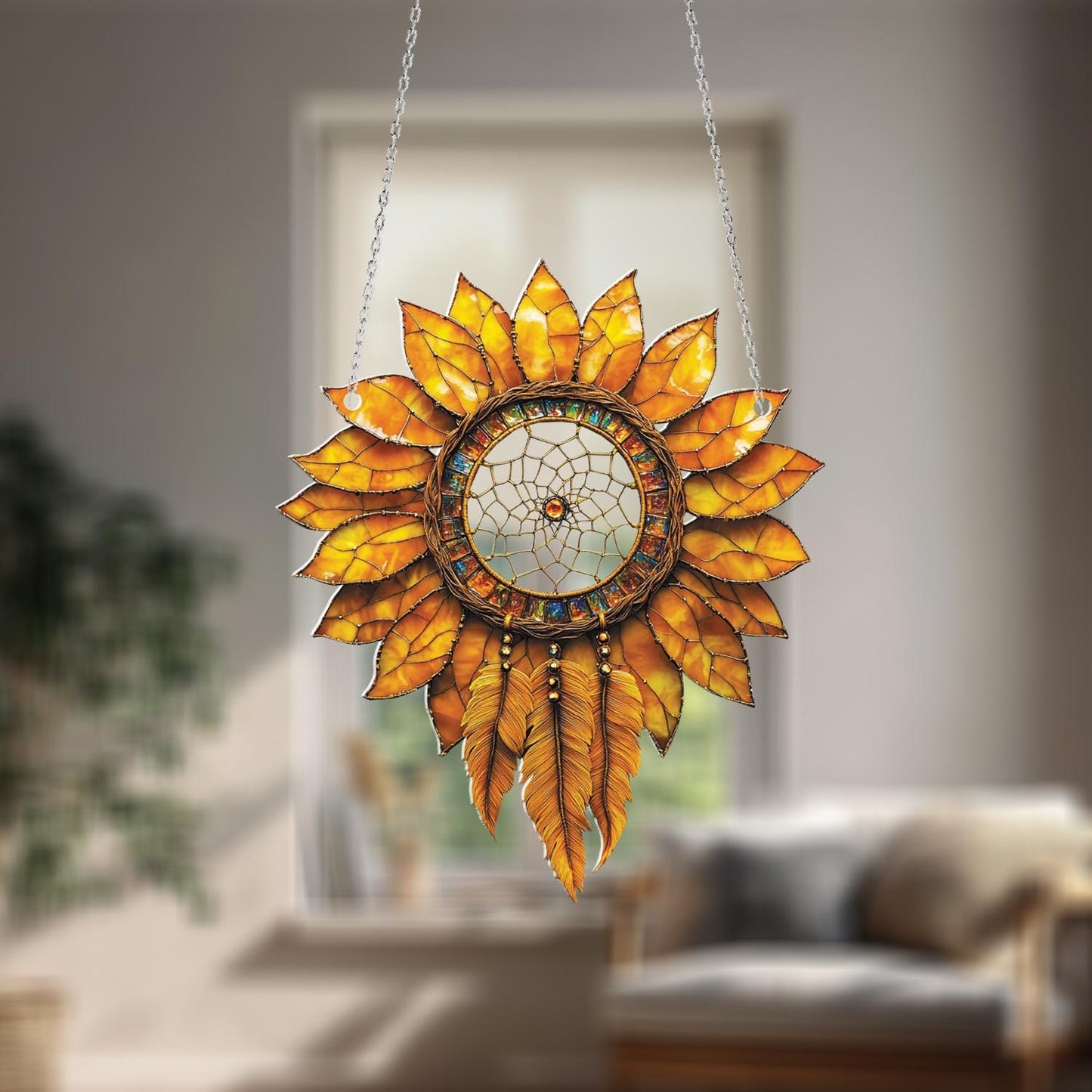 Sunflower Dreamcatcher Window Hanging, Boho Chic Sunflower Decor, Unique Home and Room Decoration