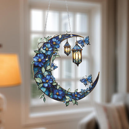 Blue Moon and Lantern Window Hanging, Floral Dreamy Home Decor, Butterfly and Flower Accent Decoration