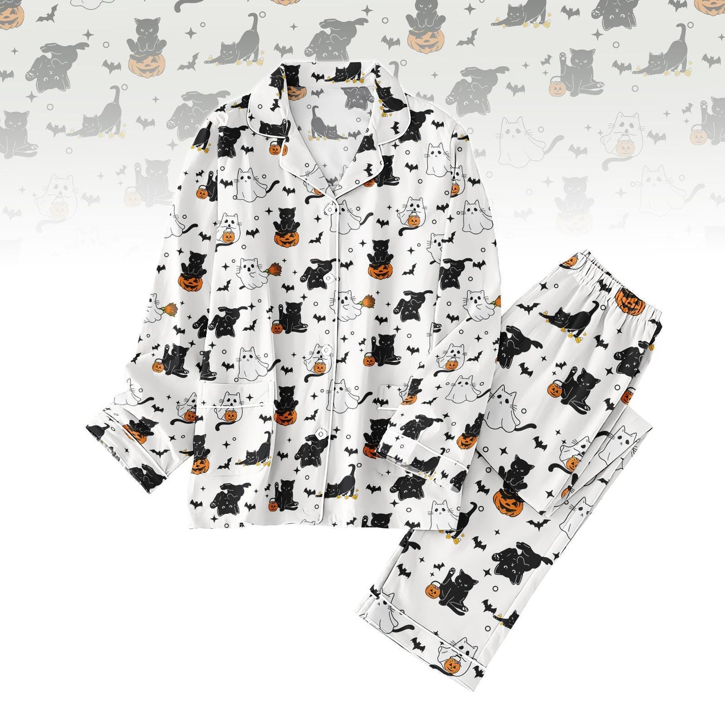 Black Cat Halloween Pajamas Set, Spooky Matching Pajamas Set, Cute Ghost Pajamas For Her, Cozy Fall Pajama Outfit For Her